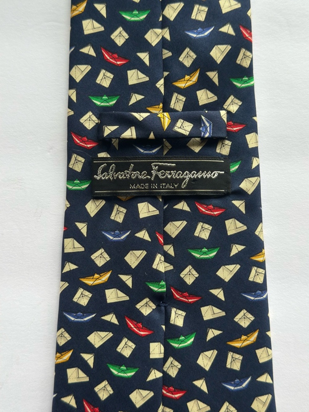 Salvatore Ferragamo Navy 100% Silk Tie with Multicolor Origami Print